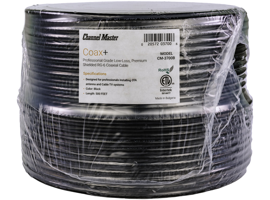 Channel Master Coax+ 500' Black Coaxial Cable (Professional-Grade) Wrapped, Part Number: CM-3700B