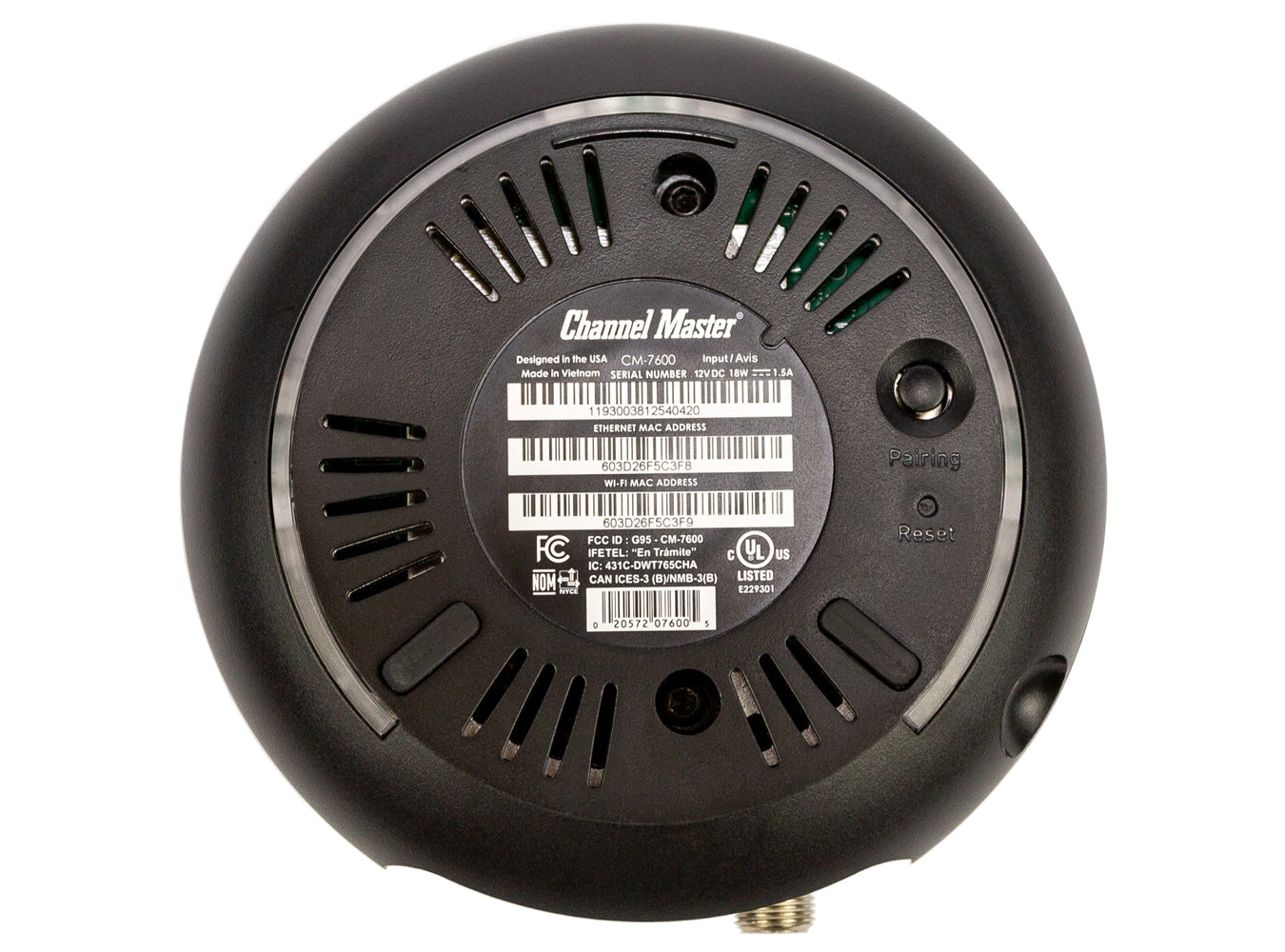 Channel Master Stream+ Media Player and OTA DVR Bottom, Part Number: CM-7600