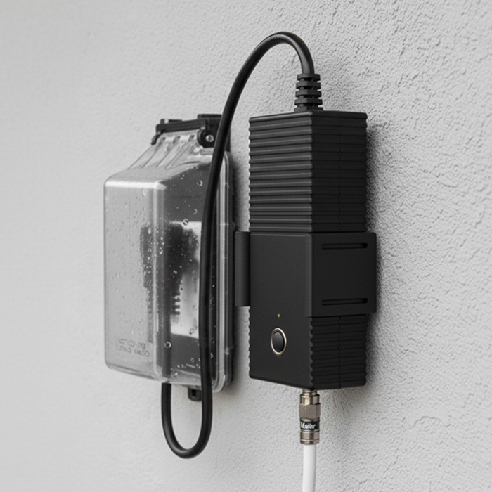 Power over coax adapter mounted outdoors